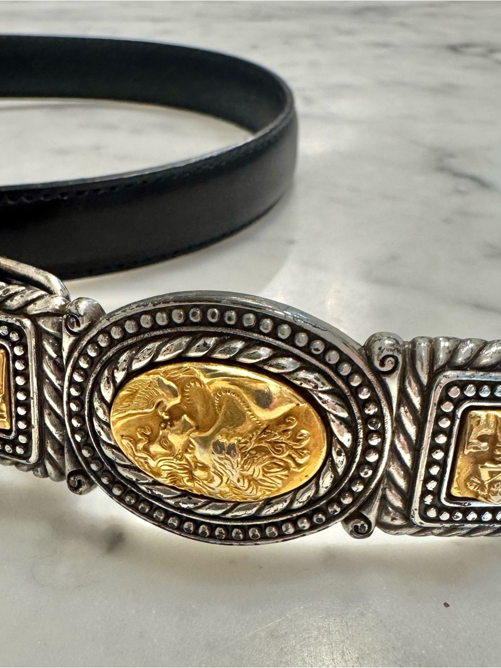 Brighton Black Leather Belt with Silver and Gold Ornate Buckle